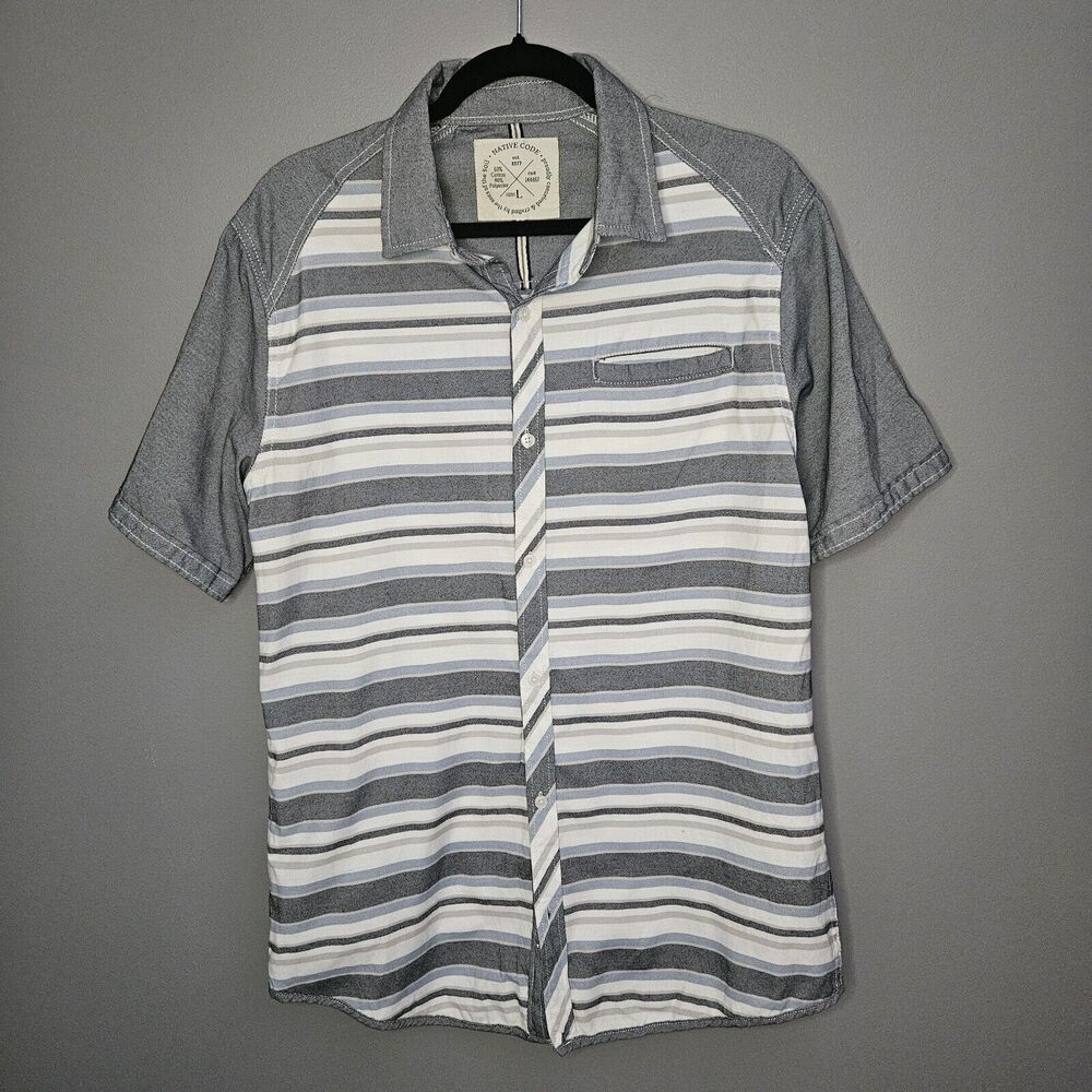 Native Code‎ Shirt Grey Striped Men's Large Short Sleeve Button Down Casual